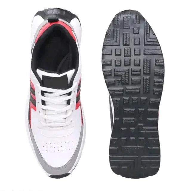 A premium white men's sports sneaker featuring vibrant red and black contrast stripes, a thick cushioned white mid sole.