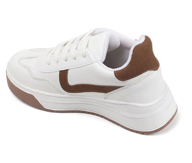 premium white men's lifestyle sneakers with tan brown accents, thick platform soles.