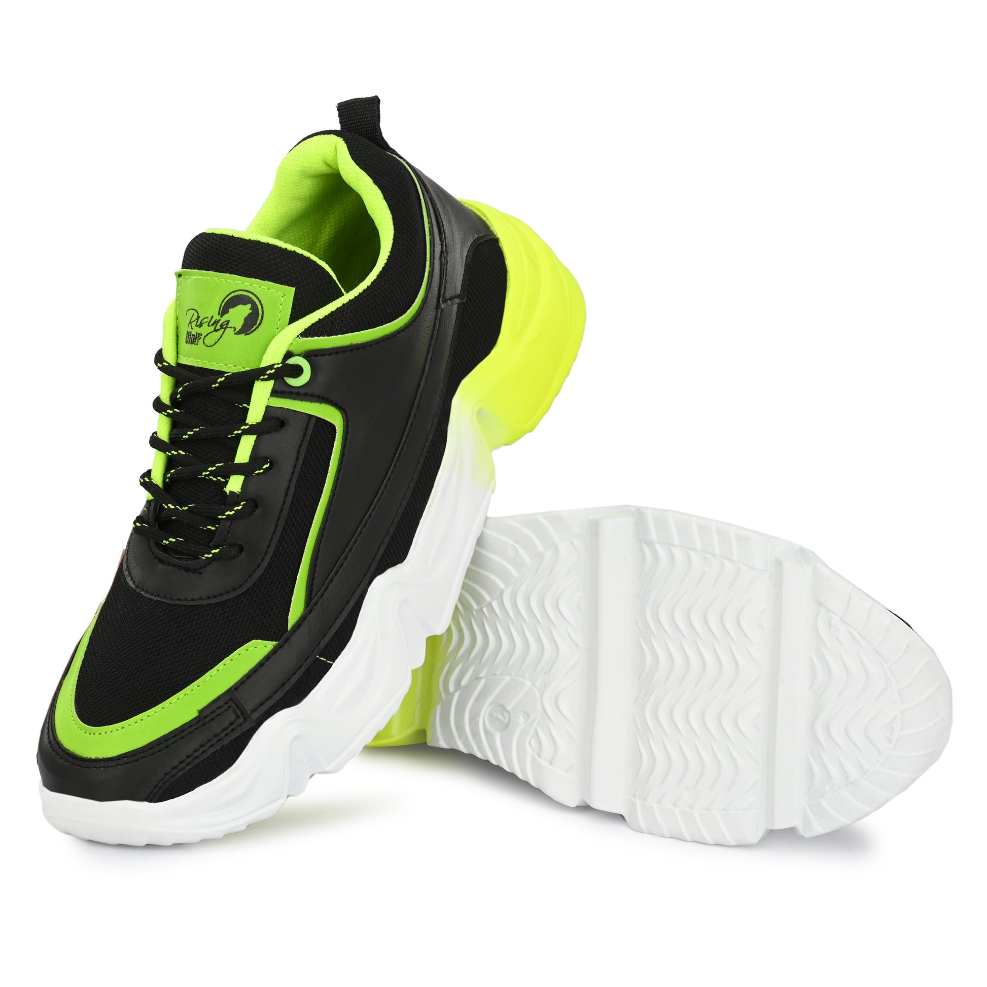 neon green and black chunky sport sneakers with a white and yellow gradient wavy sole