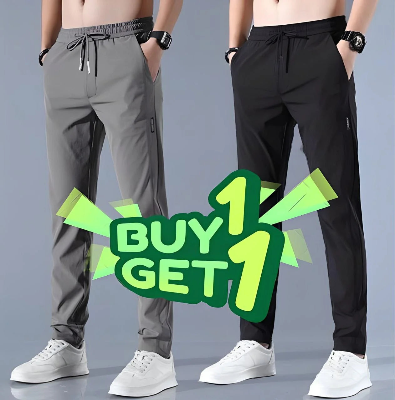 Men's drawstring casual pants in grey and black, buy one get one offer, white sneakers