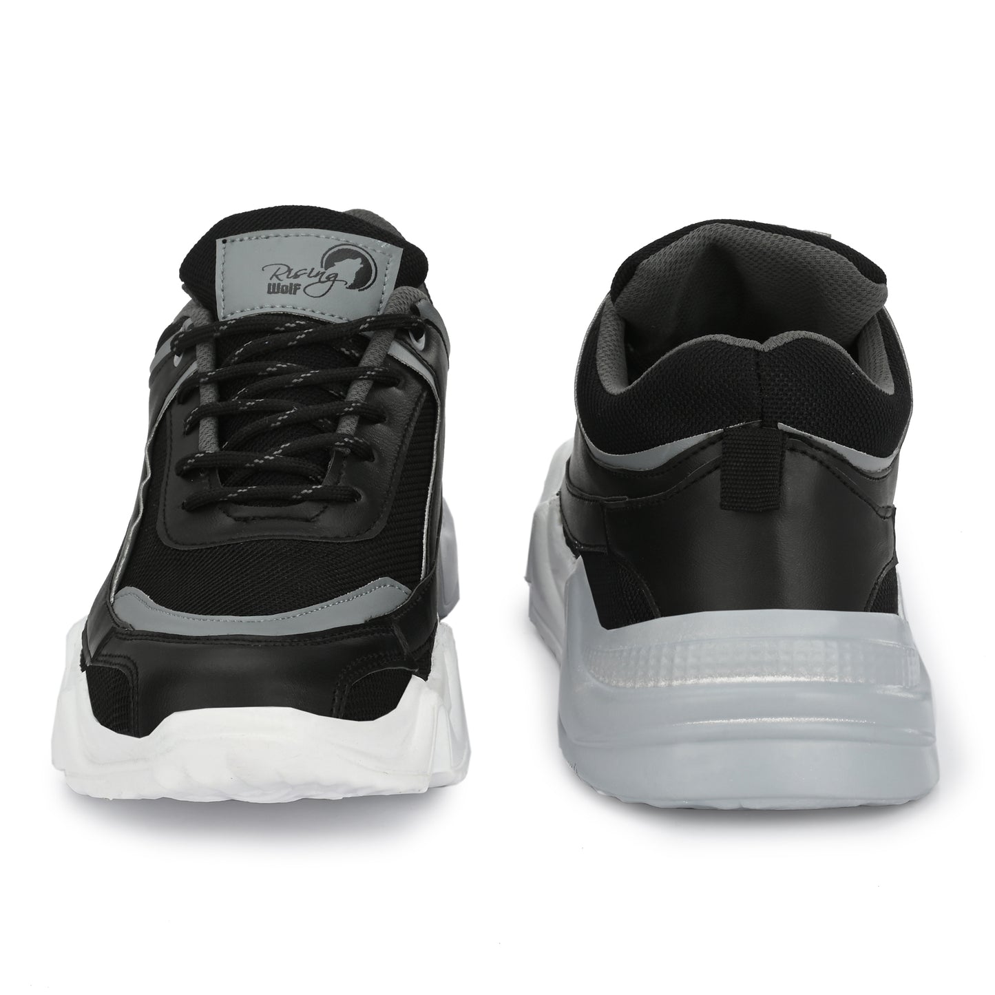 men's chunky sneakers in black and grey with a thick white sculpted wavy sole