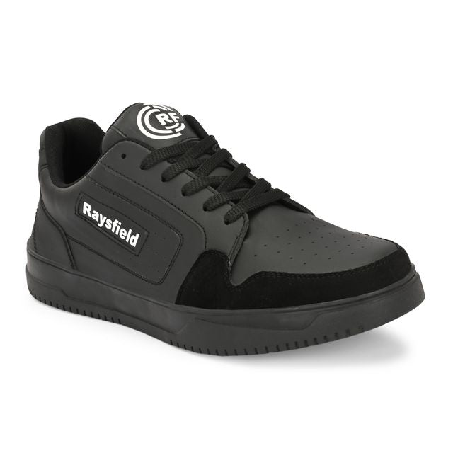 men's all-black casual sneakers, featuring a matte finish, suede-textured toe cap, black laces