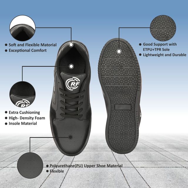 men's all-black casual sneakers, featuring a matte finish, suede-textured toe cap, black laces