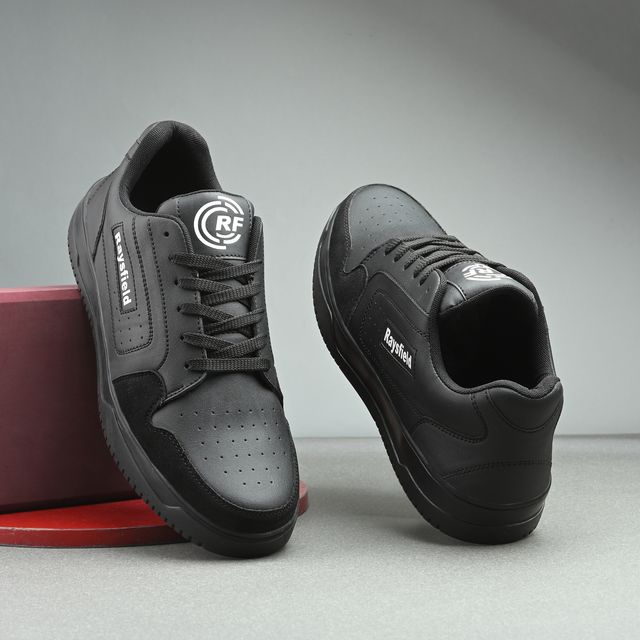 men's all-black casual sneakers, featuring a matte finish, suede-textured toe cap, black laces