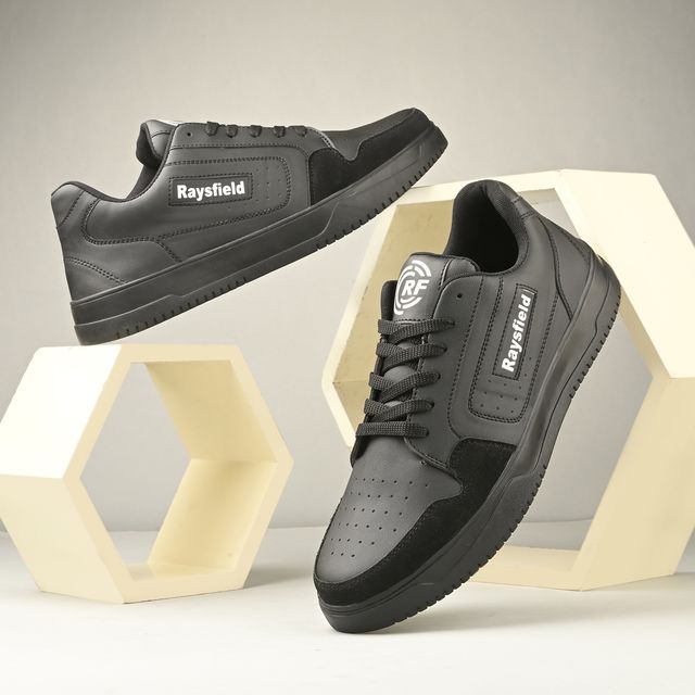 men's all-black casual sneakers, featuring a matte finish, suede-textured toe cap, black laces