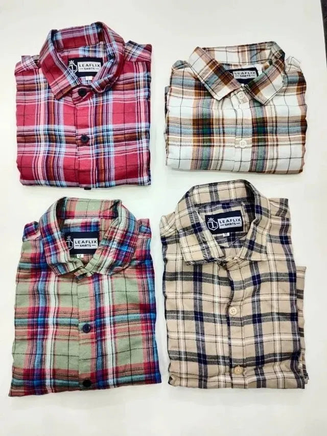 men's checkered shirts in red, cream, olive, and tan colours, with a premium button-down collar design.