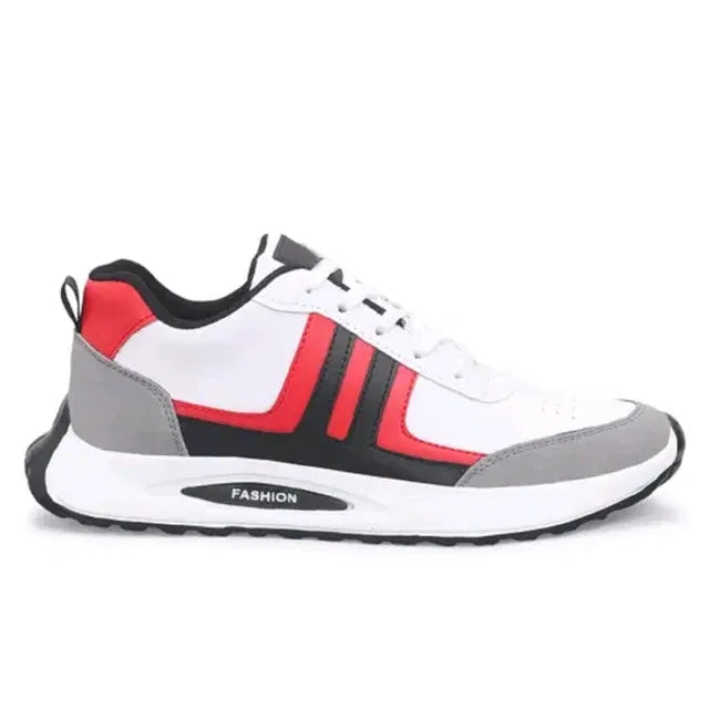 A premium white men's sports sneaker featuring vibrant red and black contrast stripes, a thick cushioned white mid sole.