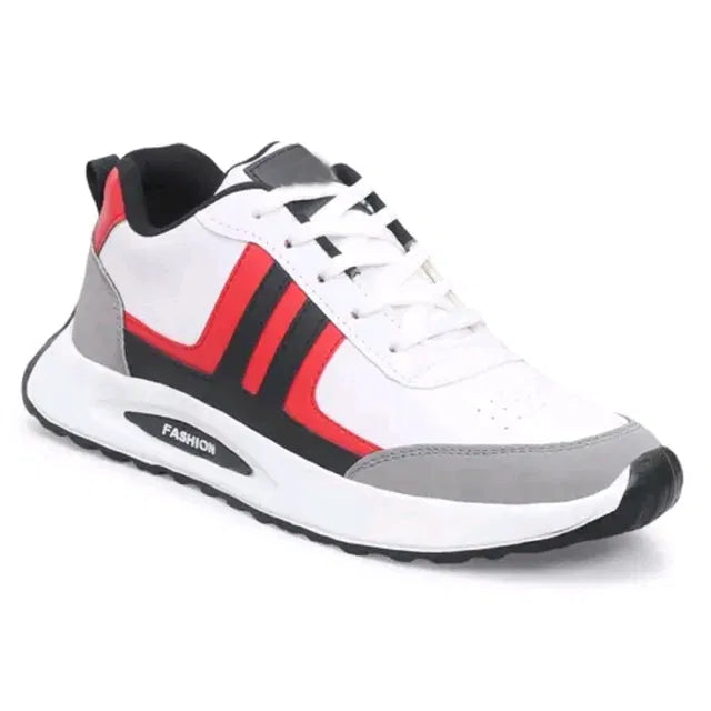 A premium white men's sports sneaker featuring vibrant red and black contrast stripes, a thick cushioned white mid sole.