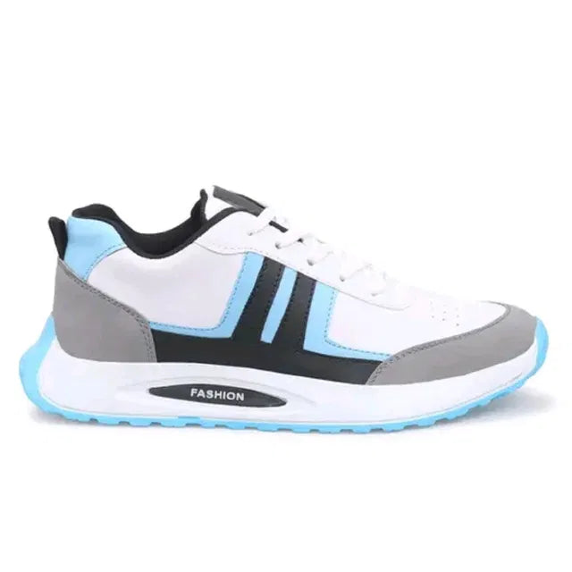 premium white men's sports sneaker featuring sky blue and grey accents, a thick white cushioned midsole