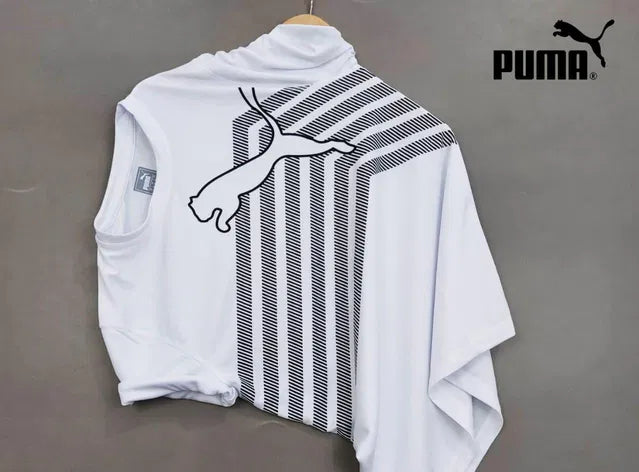 A men's white Puma t-shirt featuring a large black outline of the Puma Cat logo over a vertical and angled linear stripe graphic