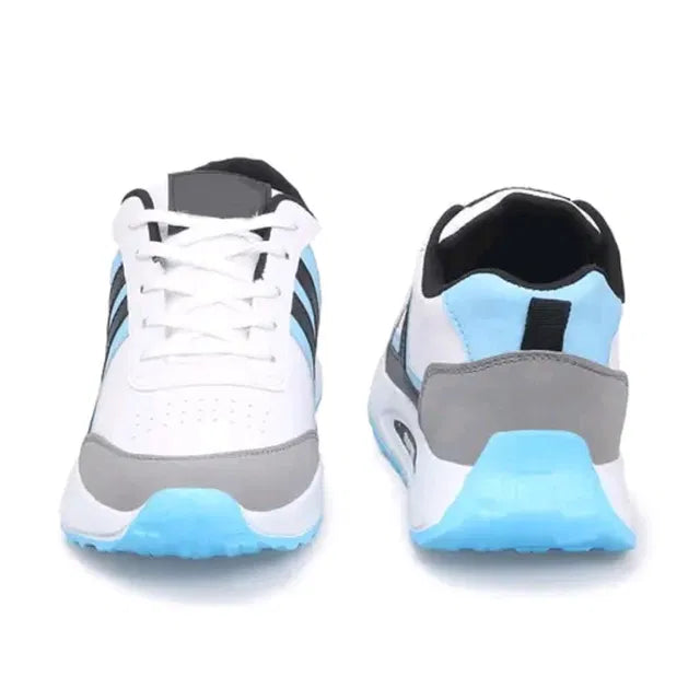 premium white men's sports sneaker featuring sky blue and grey accents, a thick white cushioned midsole