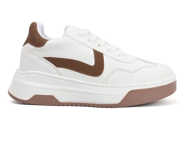 premium white men's lifestyle sneakers with tan brown accents, thick platform soles.