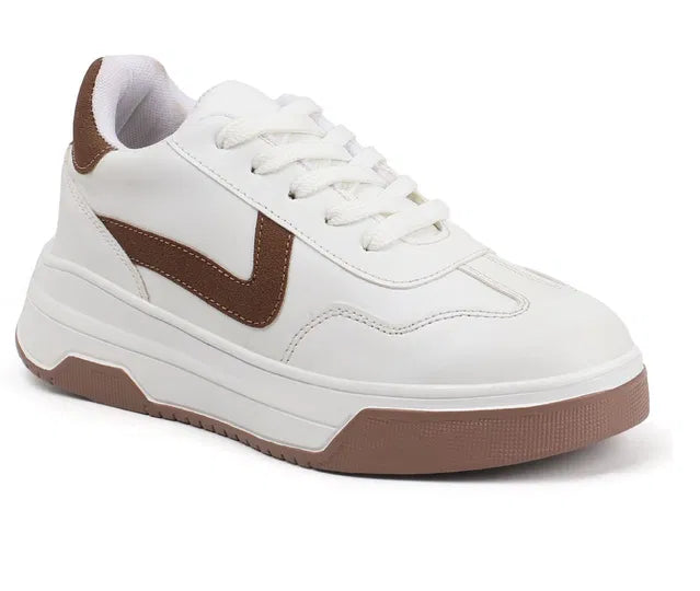 premium white men's lifestyle sneakers with tan brown accents, thick platform soles