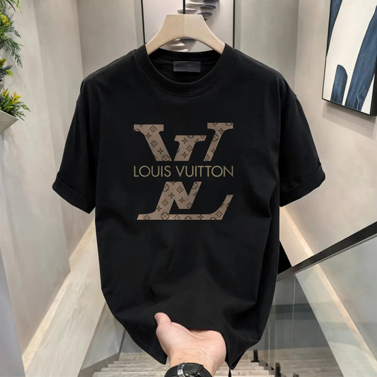 black men's cotton t-shirt featuring a large tan luxury monogram print