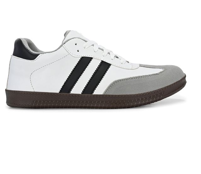 Men's casual white sneakers with black stripes and grey suede toe cap, featuring a durable textured brown rubber sole for grip and style.