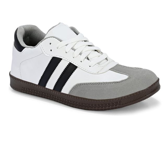 Men's casual white sneakers with black stripes and grey suede toe cap, featuring a durable textured brown rubber sole for grip and style.