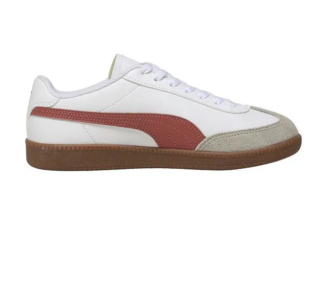 white men's sneaker featuring a maroon side stripe, grey suede toe cap, and a vintage gum rubber sole, showcasing a clean athletic design.