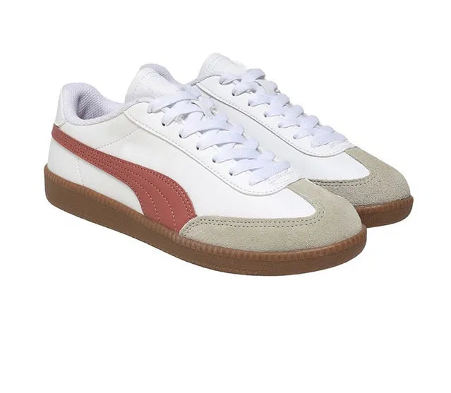 white men's sneaker featuring a maroon side stripe, grey suede toe cap, and a vintage gum rubber sole, showcasing a clean athletic design.