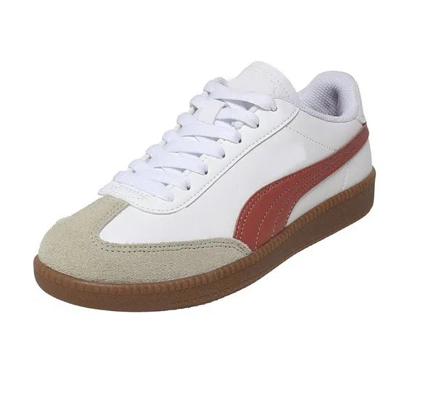 white men's sneaker featuring a maroon side stripe, grey suede toe cap, and a vintage gum rubber sole, showcasing a clean athletic design.