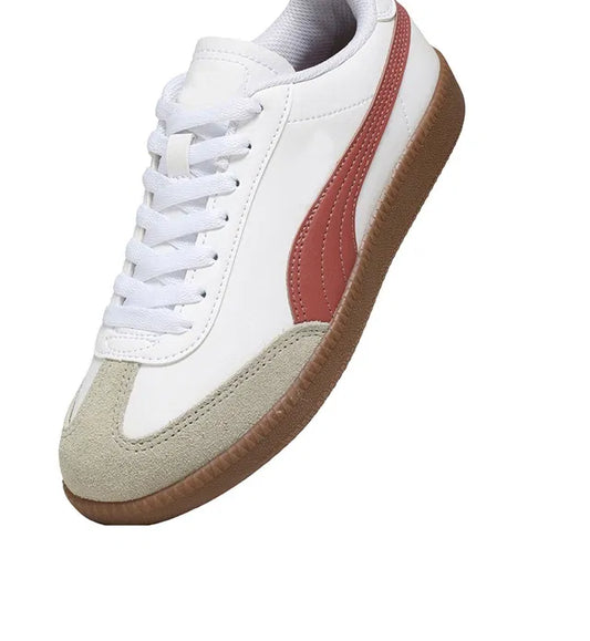 white men's sneaker featuring a maroon side stripe, grey suede toe cap, and a vintage gum rubber sole, showcasing a clean athletic design.